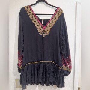 Free People Black Tunic with Gold and Pink Embroidery